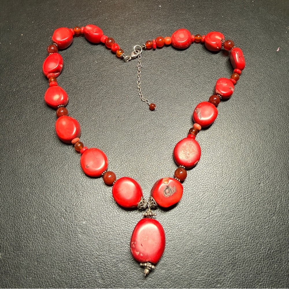Vintage Sterling Large Red Coral with Carnelian Beads & Necklace 20” 84.8 grams